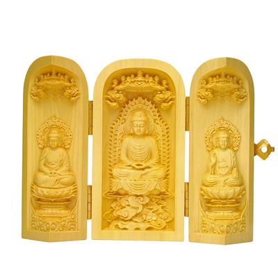 Dieser natürliche Buchsbaum (Tsuge) Buddhistische Triade zeigt drei Buddha-Figuren: Shaka Nyorai, Amitabha Nyorai und Yakushi Nyorai. Ungefähr 10cm