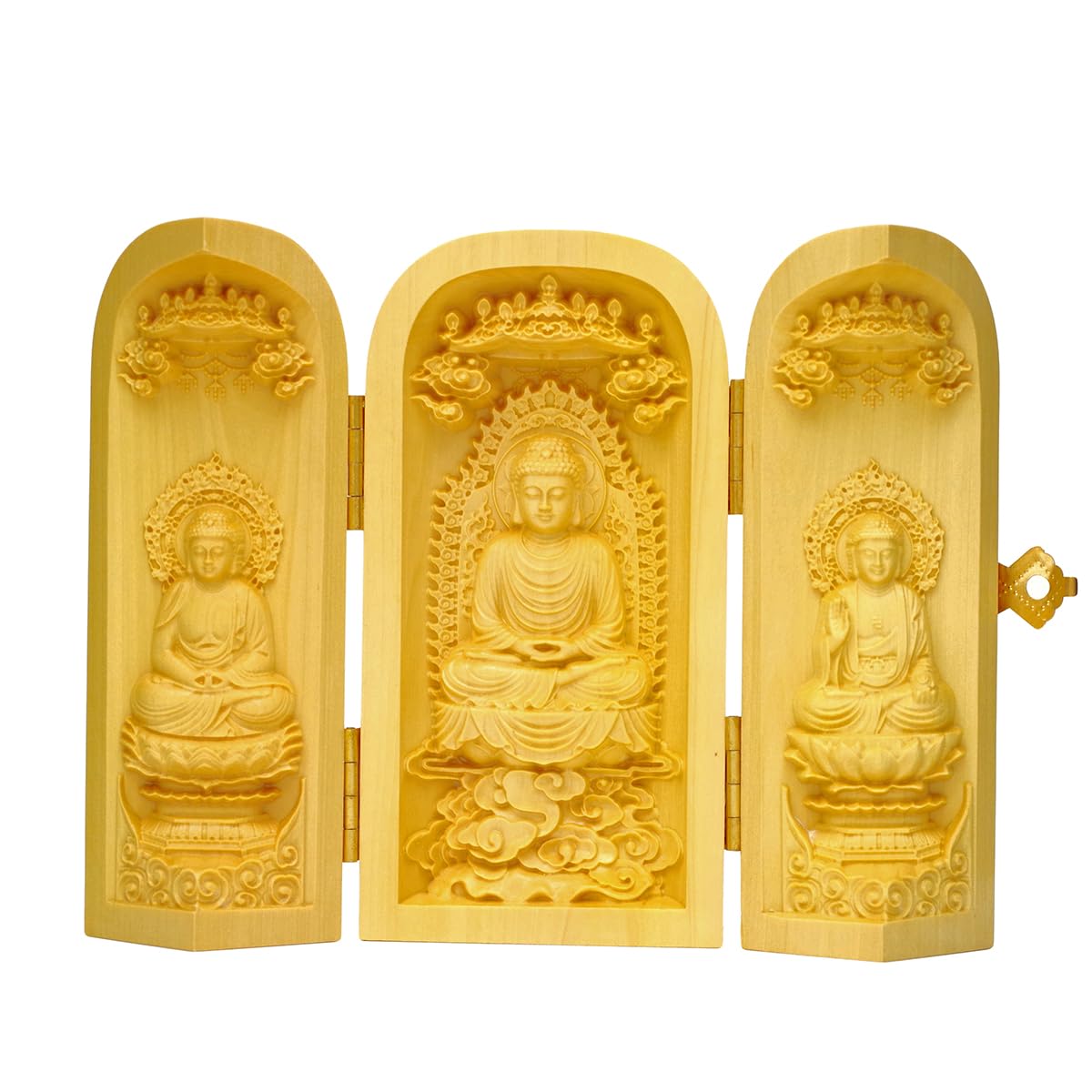 

This natural boxwood (Tsuge) Buddhist triad features three Buddha figures: Shaka Nyorai, Amitabha Nyorai, and Yakushi Nyorai. Approximately 10cm
