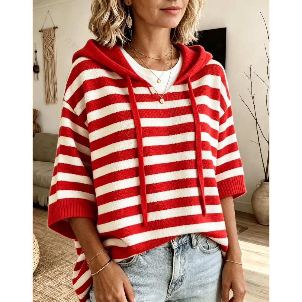 Women's New Hooded Drawstring Knit Sweatshirt Loose Long Sleeve Striped Pullover Sweater