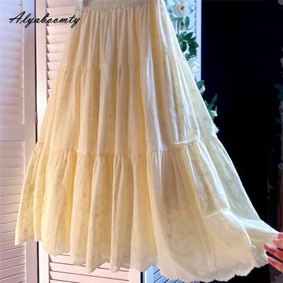 Falda Dulce de Algodón Suave para Mujer Estilo Mori Japonés Primavera Verano Falda de Alta Cintura Amarillo Claro Bordado Floral Falda Elegante para Dama