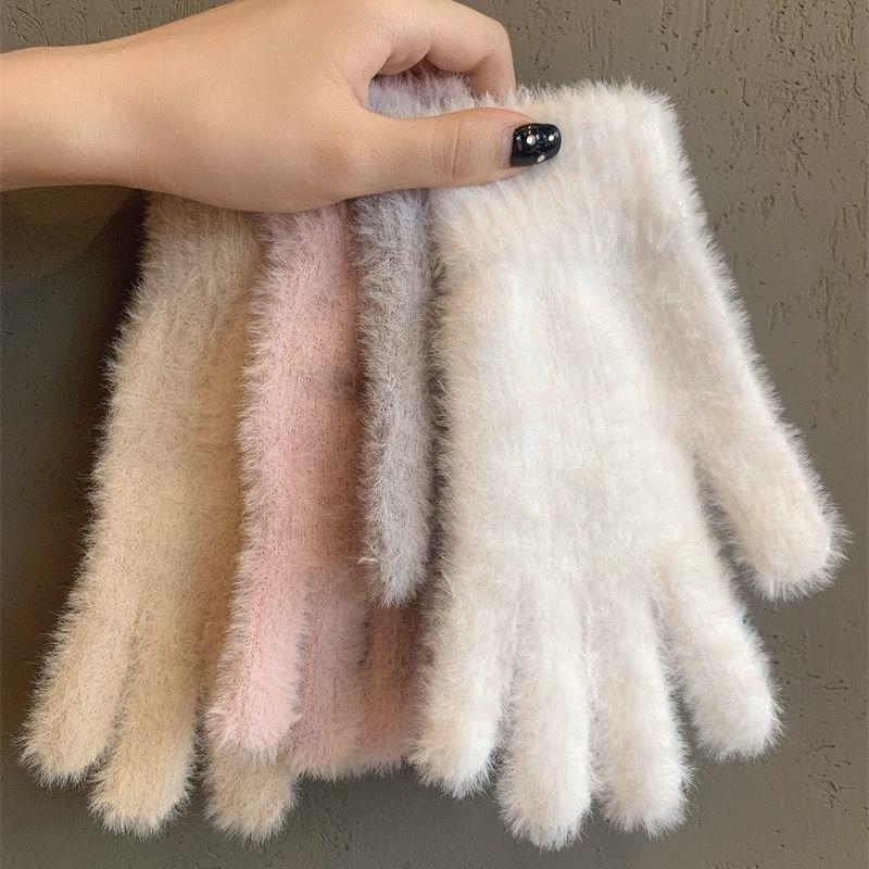 Fashion Winter Mink Velvet Five Finger Gloves Plush Warm Cold-Proof Gloves Women Outdoor Cycling Solid Color Wistiti Mittens