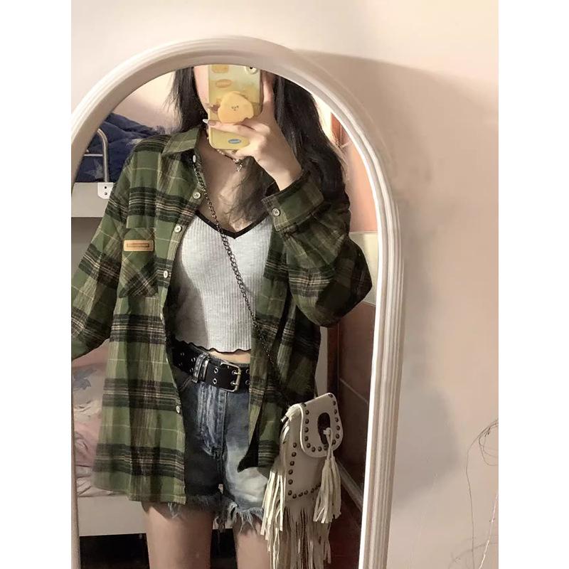 2024 Women's Retro Green Plaid Shirt Jacket - Spring/Autumn Design