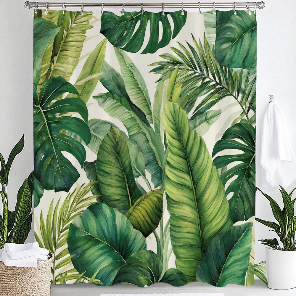 Smaragdgrüner Blatt-Duschvorhang, Moderner Abstrakter Palmenblatt-Tropischer Monstera-Badezimmervorhang Heimdekoration Mit Haken