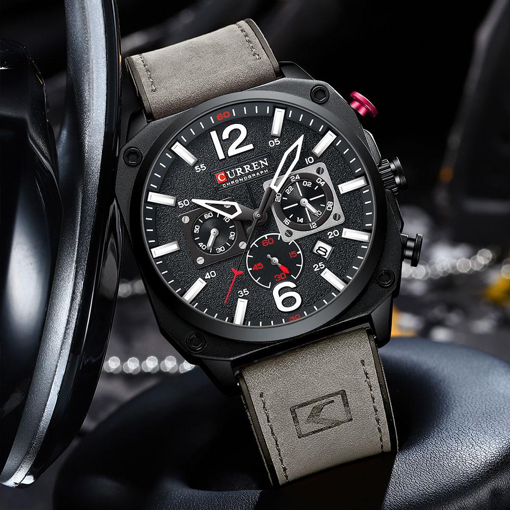 Chronograph Wristwatch Calendar Sport Mens Watches Military Fashion Square Dial Leather Male Clock Gift Luminous Waterproof