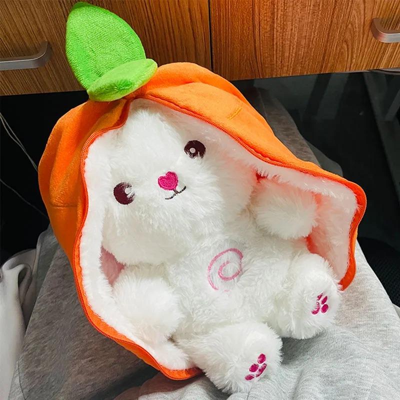 @Baby Music Strawberry Carrot Rabbit Plush Toys Stuffed Creative Into Bunny Transform 30cm Sleeping Light Doll Kid Birthday Gift
