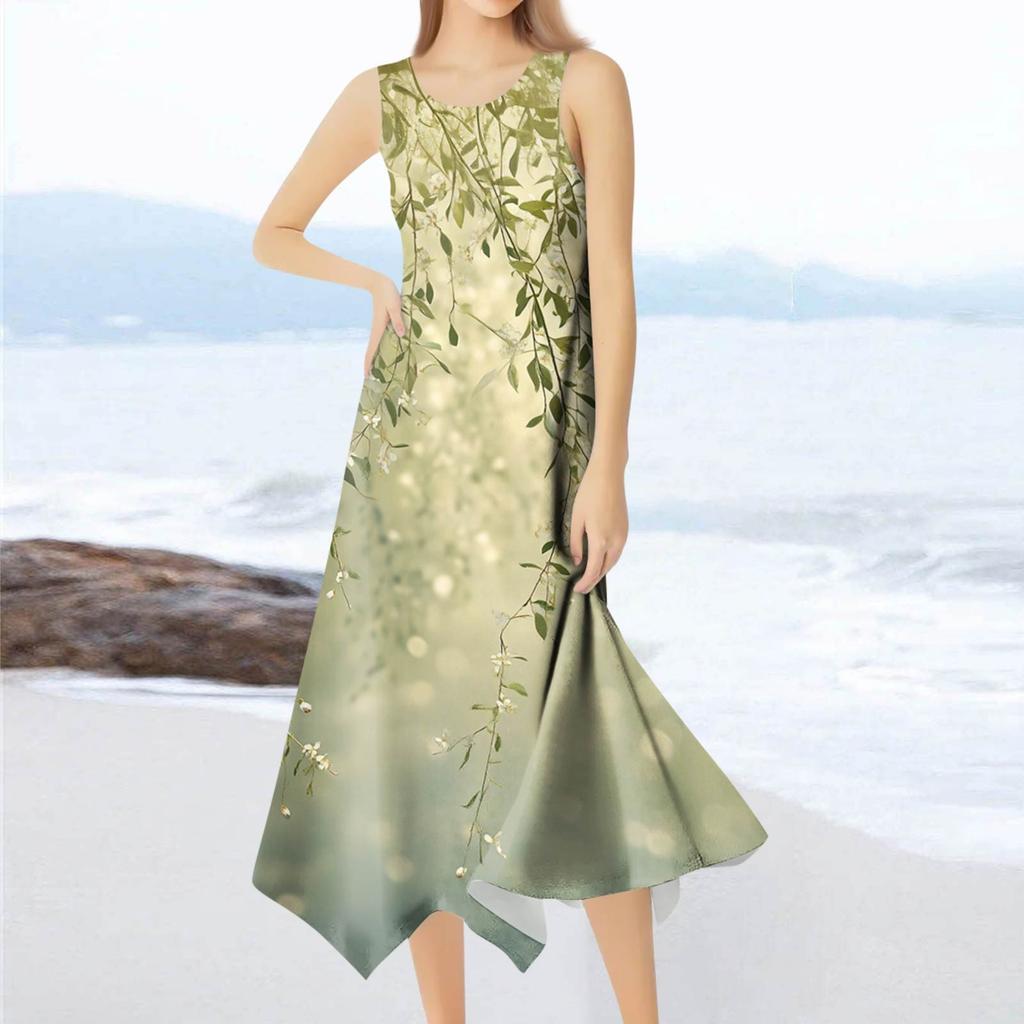 Women's Casual Fashion Round Neck Sleeveless Floral Print Irregular Hem Midi Dress