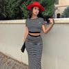 811 European-American Striped Backless Top & Slim Midi Skirt Set