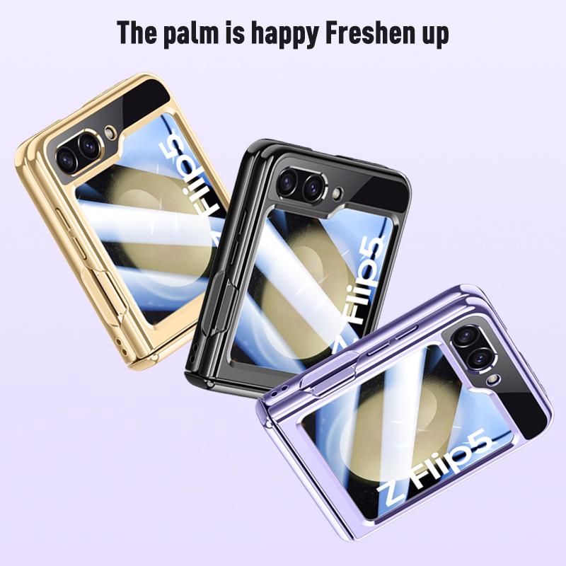 For Samsung Galaxy Z Flip5 5G Hinge Protection Clear Case Hard PC Electroplating Phone Cover with Tempered Glass Rear Screen Protector