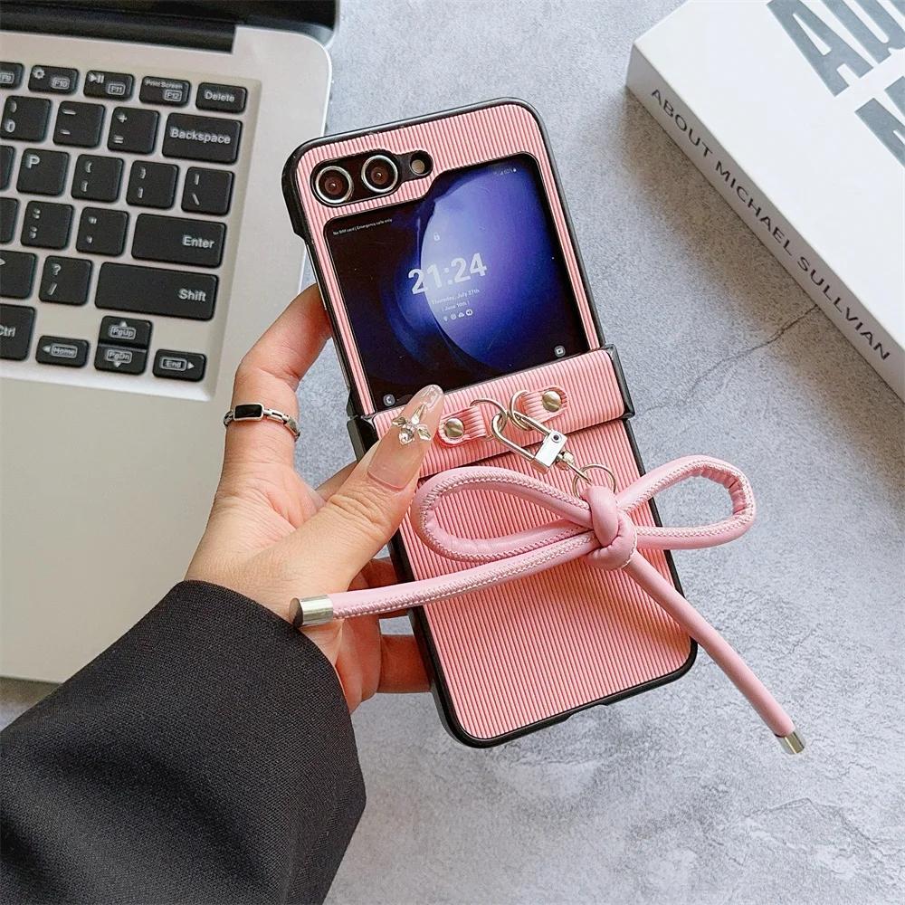Stripe Texture PU Leather Cover with Bowknot Pendants for Samsung Galaxy Z Flip 6 5 4 3 5G Hard PC Hinge Protective Phone Case