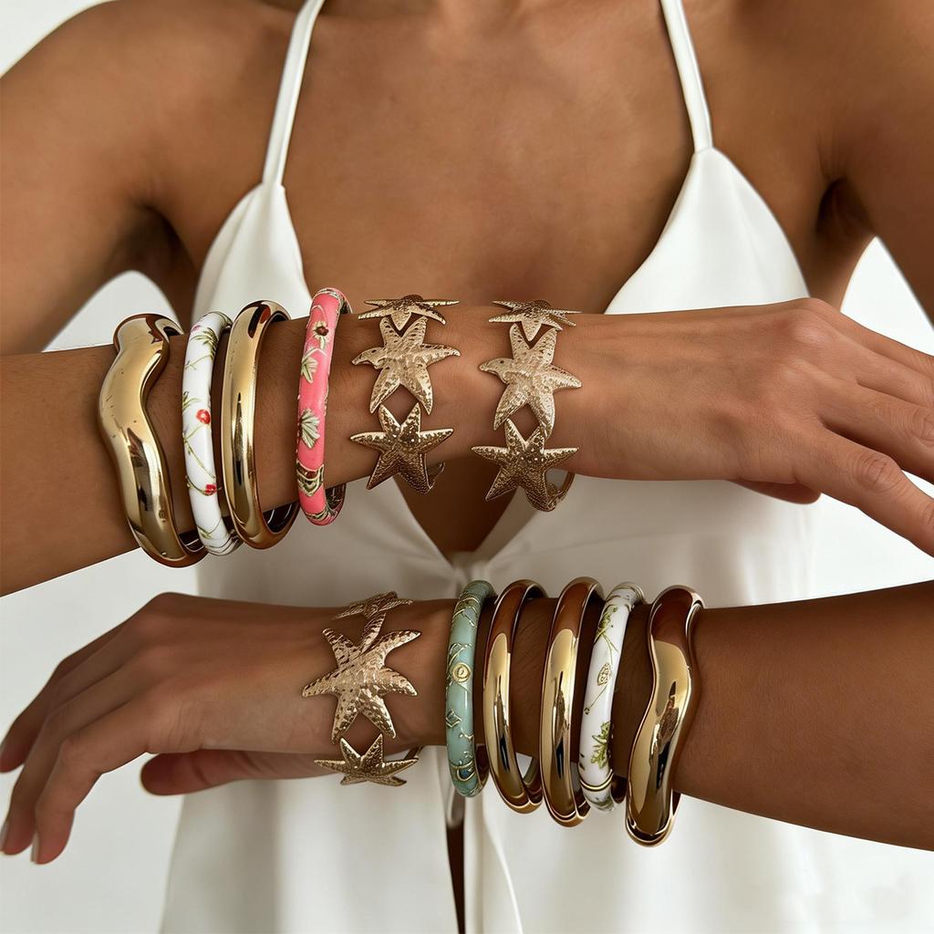 Vintage Bunter Tropföl Blume Feder Offenes Armband Ins Metall Meeressternenhimmel Zifferblatt Mehrschichtiges Armband
