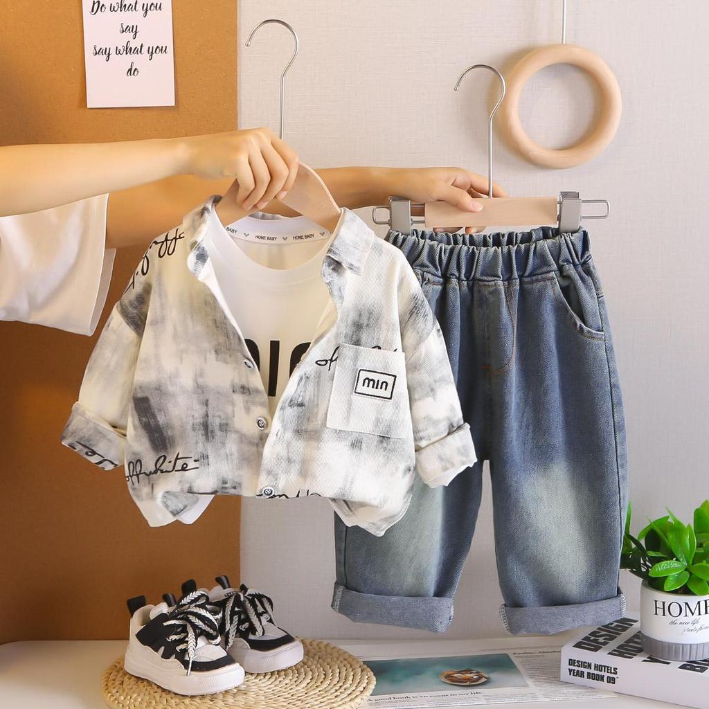 Boys' Long Sleeved Three Piece Set, 0-5-Year-old Children's Casual Shirt Jacket+white Top+denim Pants Set