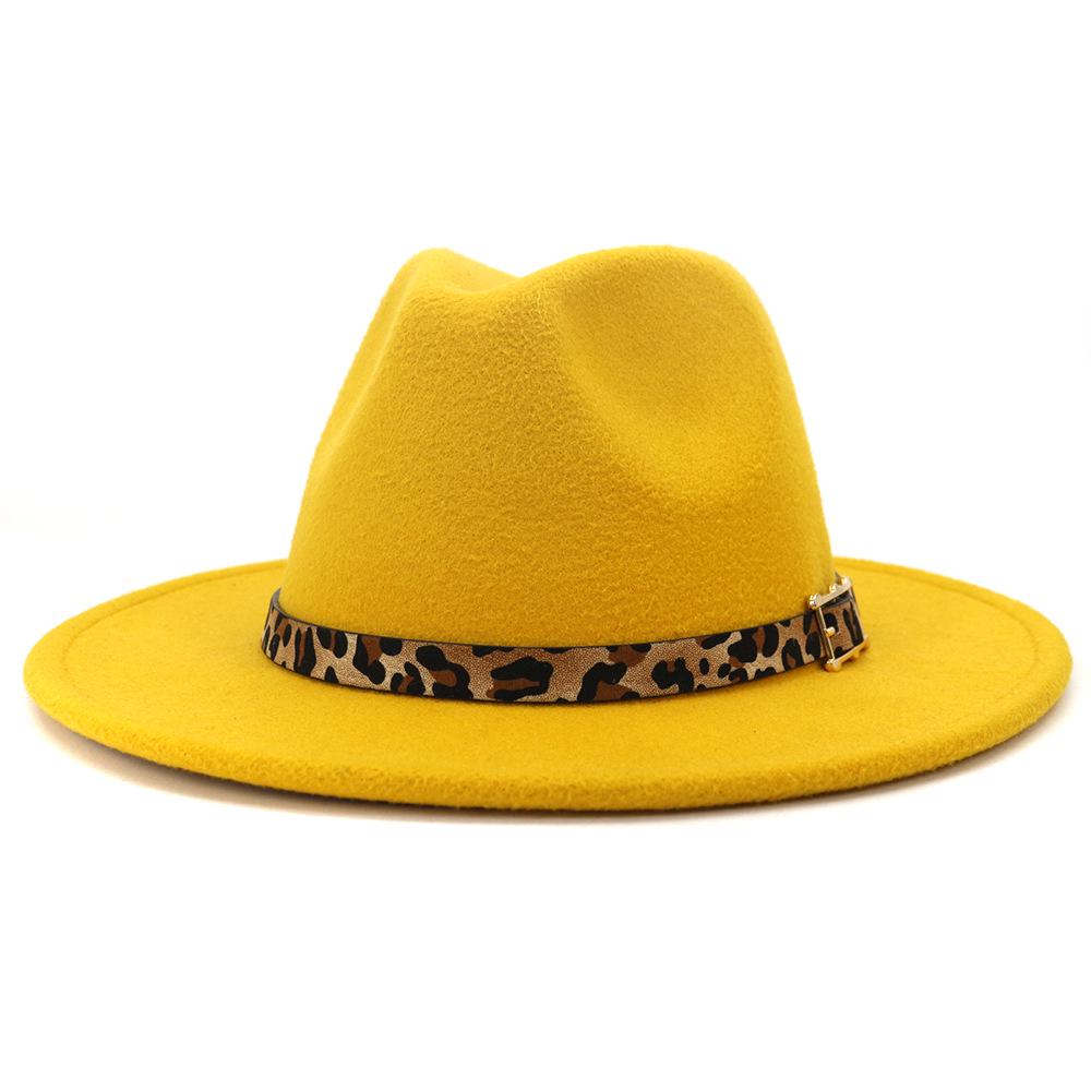 19 Color Women'S Wide Brim Felt Fedora Panama Hat With Leopard Belt Buckle Party Trilby Cowboy Hat Fashion Jazz Cap