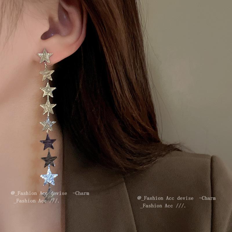 Silver needle metal star fringed earrings European and American fashion temperament earrings niche versatile high-end earrings women