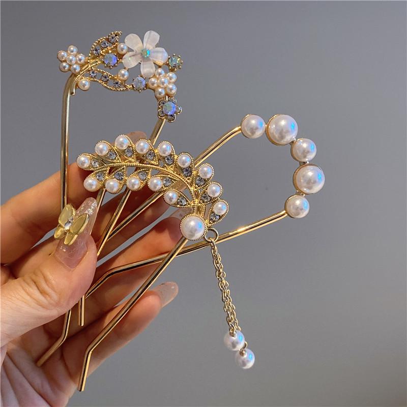 

Rhinestone Pearl Tassel Hairpin: Ancient Style U-Shaped Updo Headdress