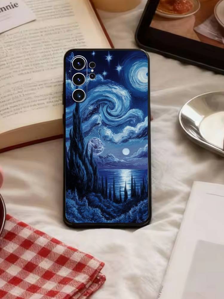 Whimsical landscape Starry Night Phone Case For Samsung S26,S25,S24,S23,S22,S21,S20,Ultra,Plus,FE Black Soft Cover
