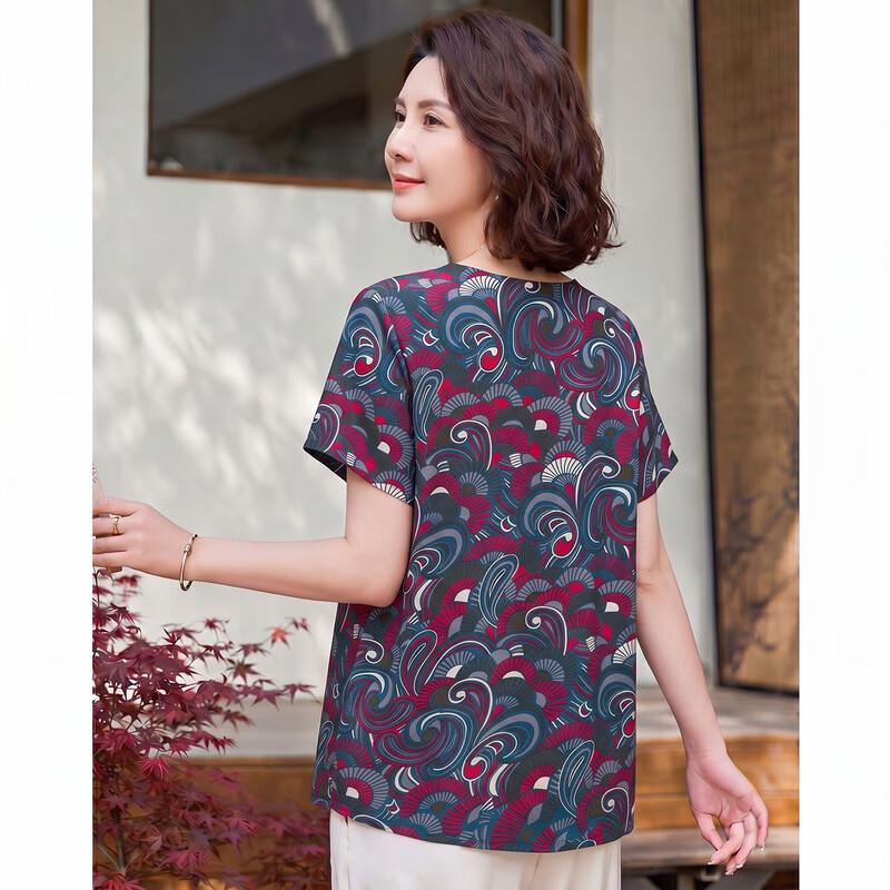 Elegant Retro Print Short Sleeve Blouse for Mature Women