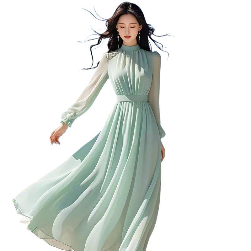 Elegant Women's Purple Long Sleeve Spring-Autumn Seaside Vacation Dress with Waist-Cinched Wide Hem, 2025 New Style.