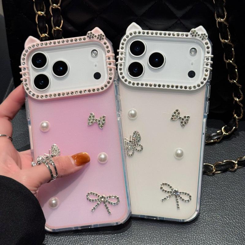 Barevně měnící motýlek s kočičími oušky a kamínky, roztomilé pouzdro na telefon pro Apple 17 Pro Max, iPhone 15/14/11, dekorativní ochranné pouzdro