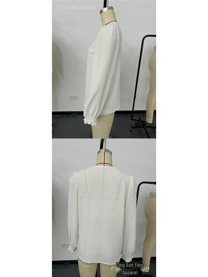 Autumn/Winter V-Neck Lace Long Sleeve Casual Solid Color Women's Top