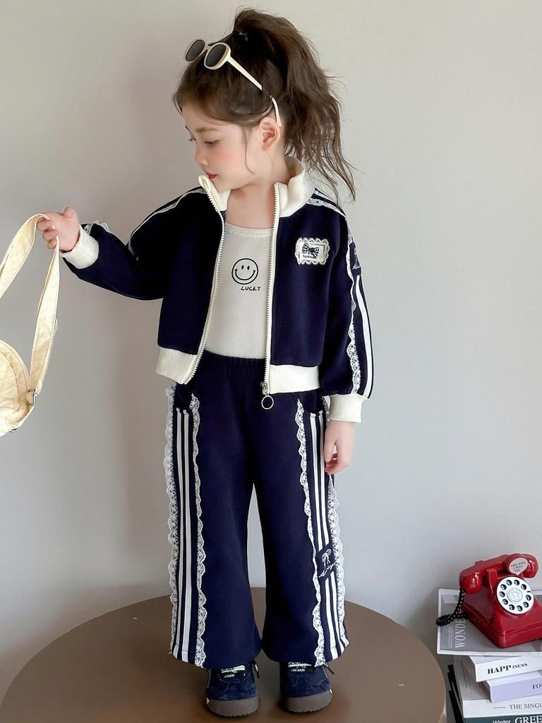 Girls' Lace Zip-Up Two-Piece Autumn Outfit - Sporty & Fashionable 2025.