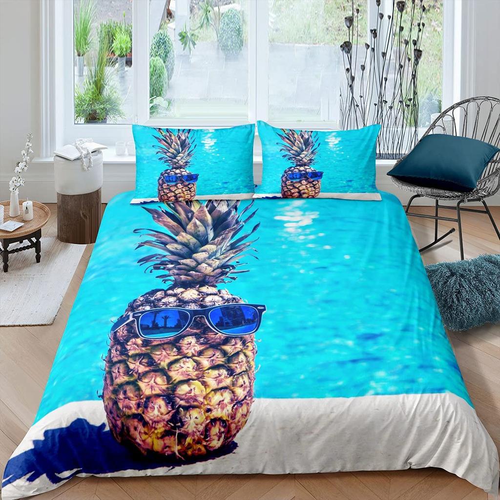 Funny Pattern Pineapple Bedding Set Decor Quilted 3 Piece Cover Set With 2 Pillow Shams, Twin Full Queen King Size Room Decor