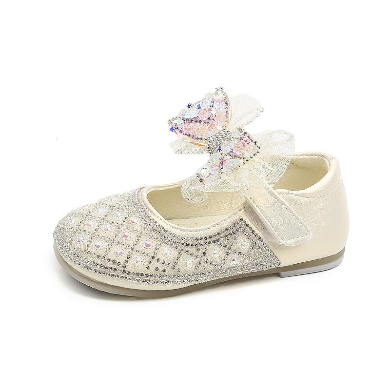 

Spring Autumn Girls Leather Shoes Princess Party Rhinestone Ribbons Shoes Fashion Children Performance Wedding Shoes I07307 22 бежевий