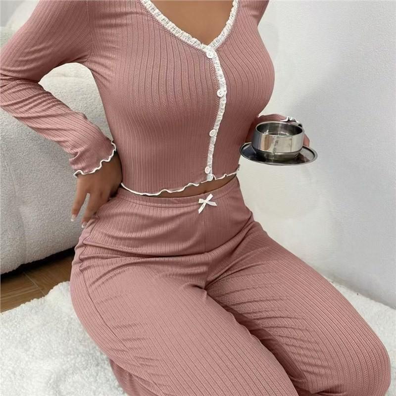 2026 European & American Casual Jacquard Ruffle Trim Slim Fit Homewear Set - Round Neck, Short Sleeve, Shorts, Two-Piece