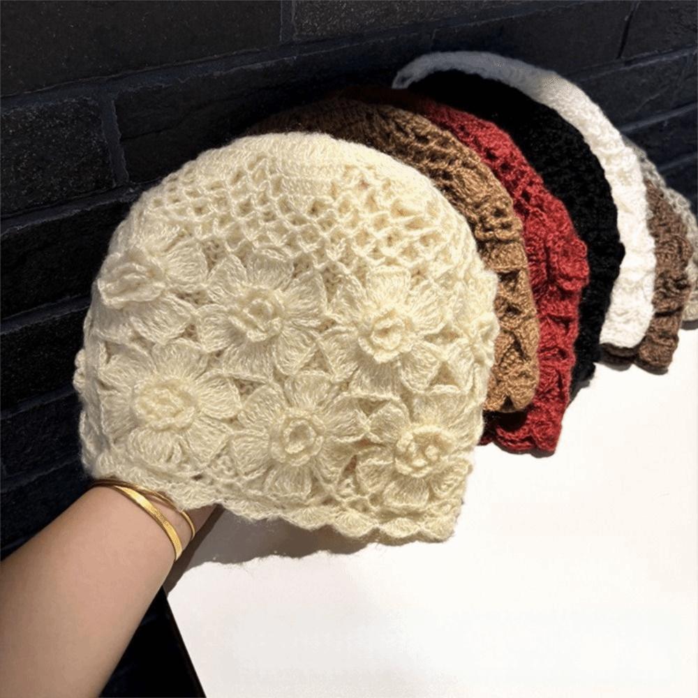 Double Layer Handmade Knitted Hat Hollow Flower Pullover Hat Yarn Winter Hat Spring Autumn Winter