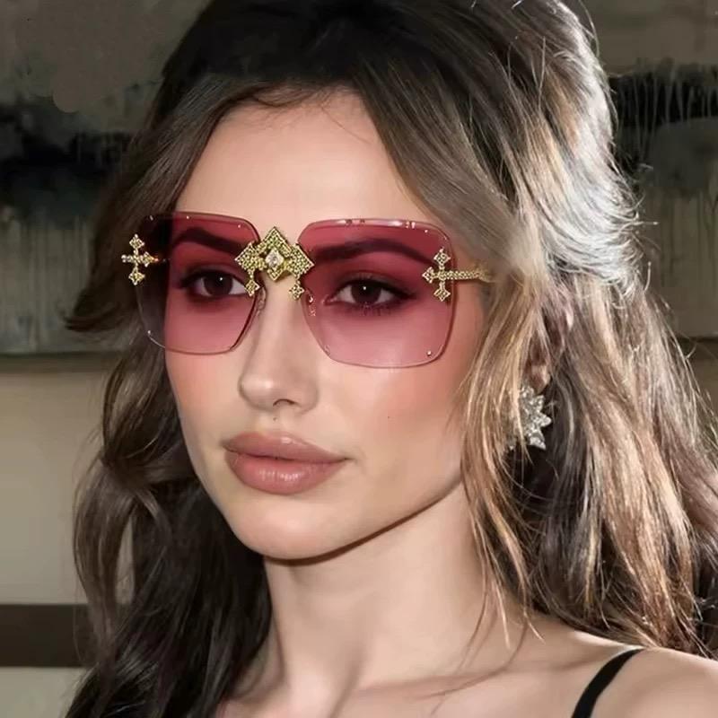 Vintage Rimless Square Sunglasses Punk Fashion Diamond Cross Lens Luxury Designer Unisex