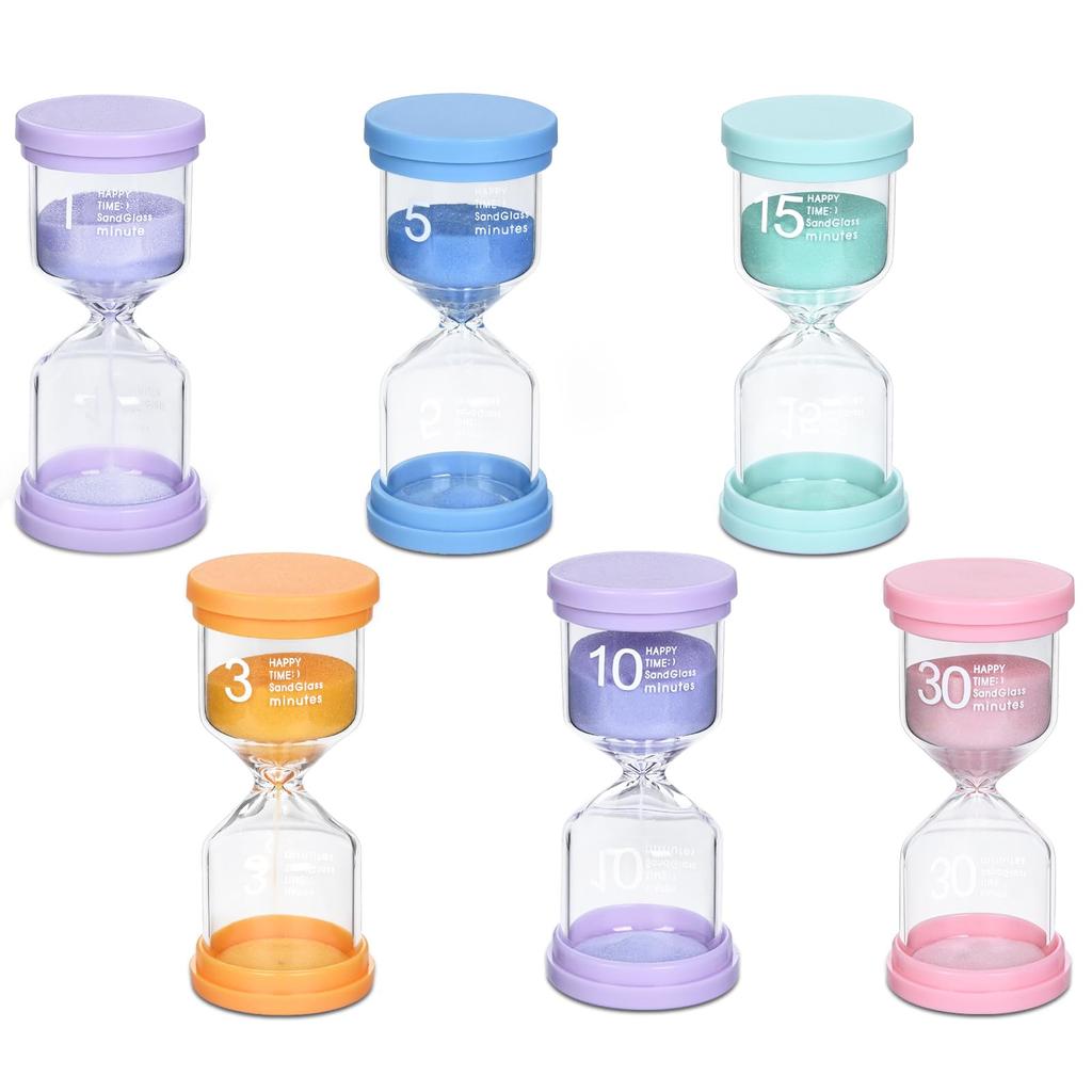 Lubanheart Sand Timer Hourglass Set of 6 - Mild Macaron Colors (1 min3 min5 min10 min15 min30 min) - Perfect for Home Decor, Kitchen Use, Cooking,