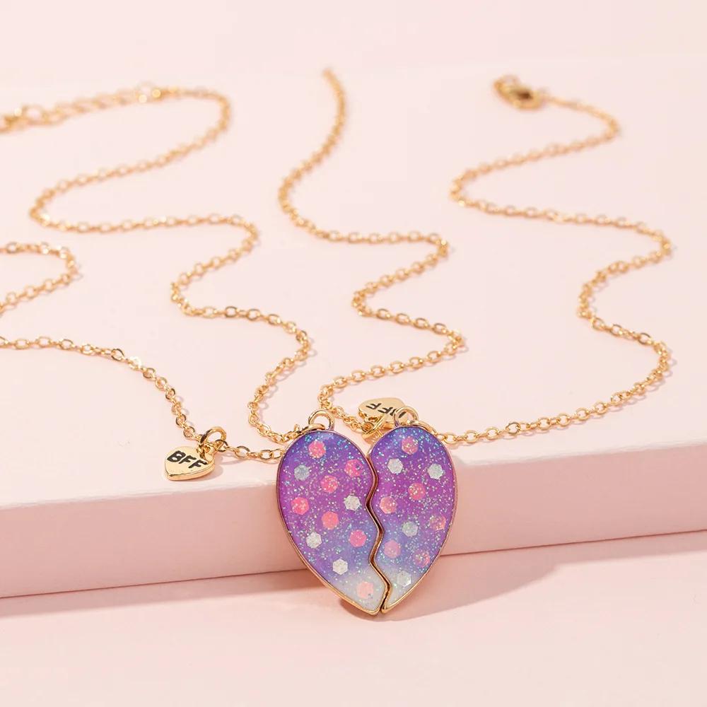 Heart-shaped Scallion powder Sequin Pendant Best Friend Chain Lovely BFF Friendship Necklace for Friend Girl 2 Pcs/Set