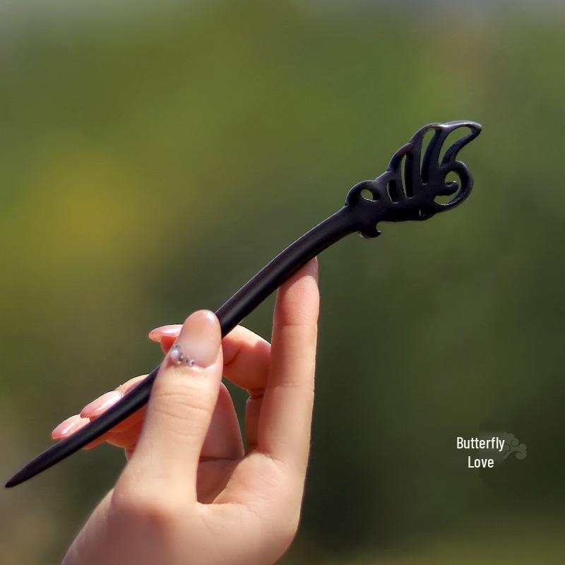 High-End Natural Ebony Wood Hairpin - Extended Chinese Ancient Style Black Hair Bun Accessory