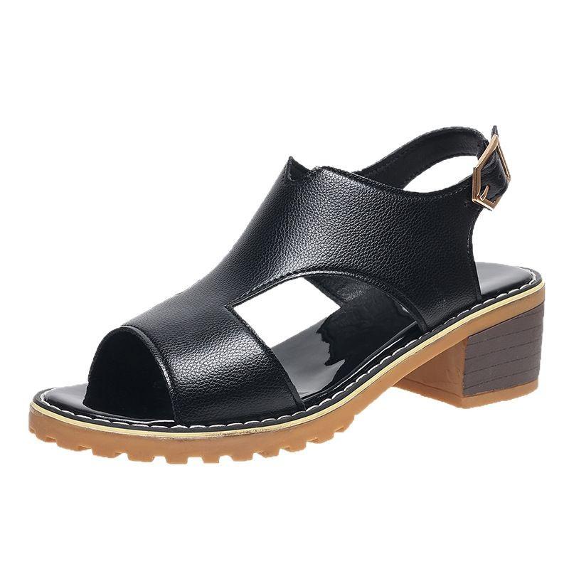 2025 new summer women's shoes Korean version thick heel sandals buckle casual thick heel fish mouth wedge heel sandals large size sandals