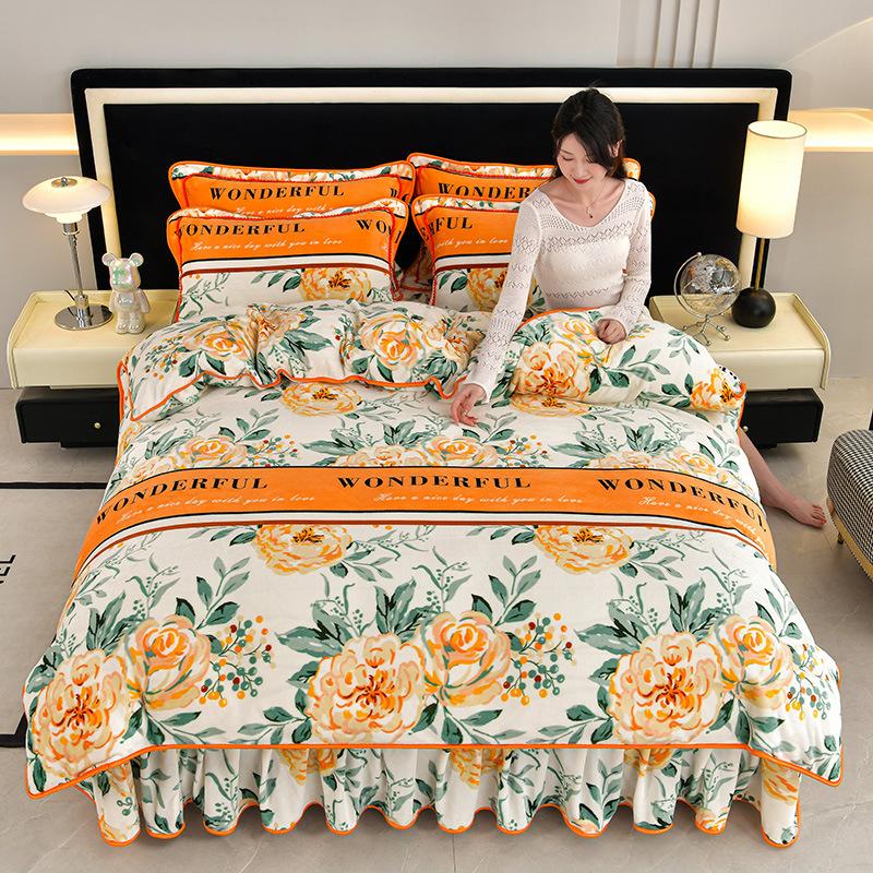 Thickened Winter Four-piece Home Set Milk Gold Mink Velvet Four-piece Set Farai Velvet Coral Velvet Bed Skirt Quilt Cover Bedding