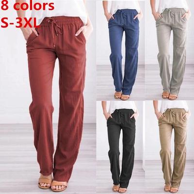 Kadın Rahat Pamuk ve Keten Katı İpli Elastik Bel Uzun Düz Pantolon spor pantolon Pantalones De Mujer