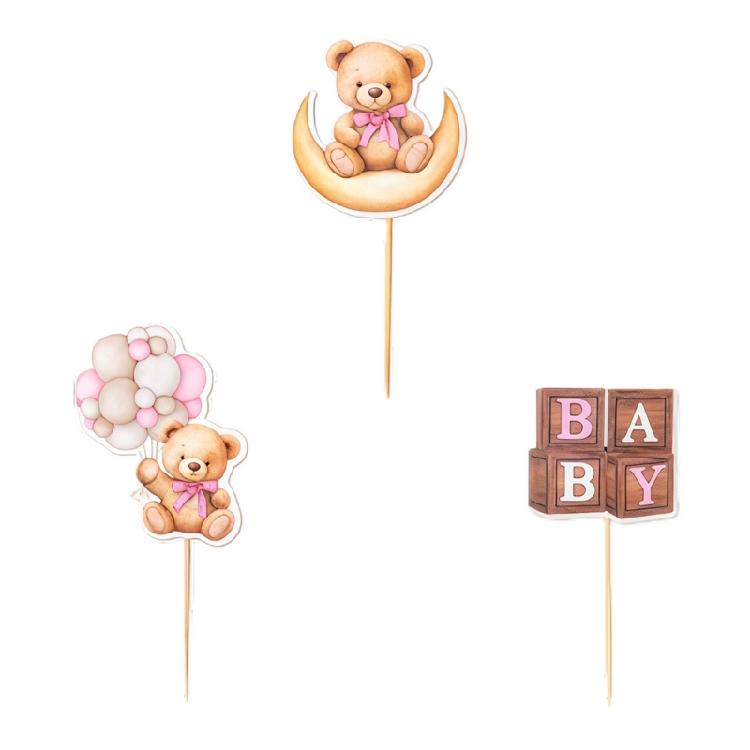 

12Pcs Cartoon Bear Shape Paper Cupcake Picks Cake Top Decoration for Birthday Wedding Cake Party Treats Dessert Display розовый