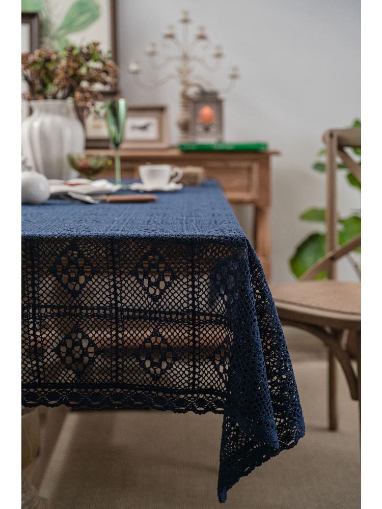 Crochet Lace Tablecloth with Tassels – Elegant Diamond Plaid Design, Cream Floral Patterns, Perfect for Weddings, Family Banquets Everyday Dining Room
