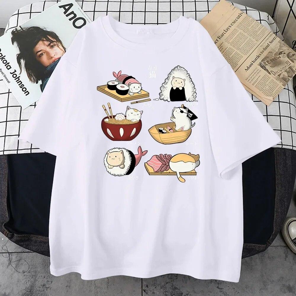 Unisex Summer Cotton Short-sleeved Gourmet Cute Cat Sushi Cartoon Style Harajuku Casual Full Math Oversized Fashion T-shirt