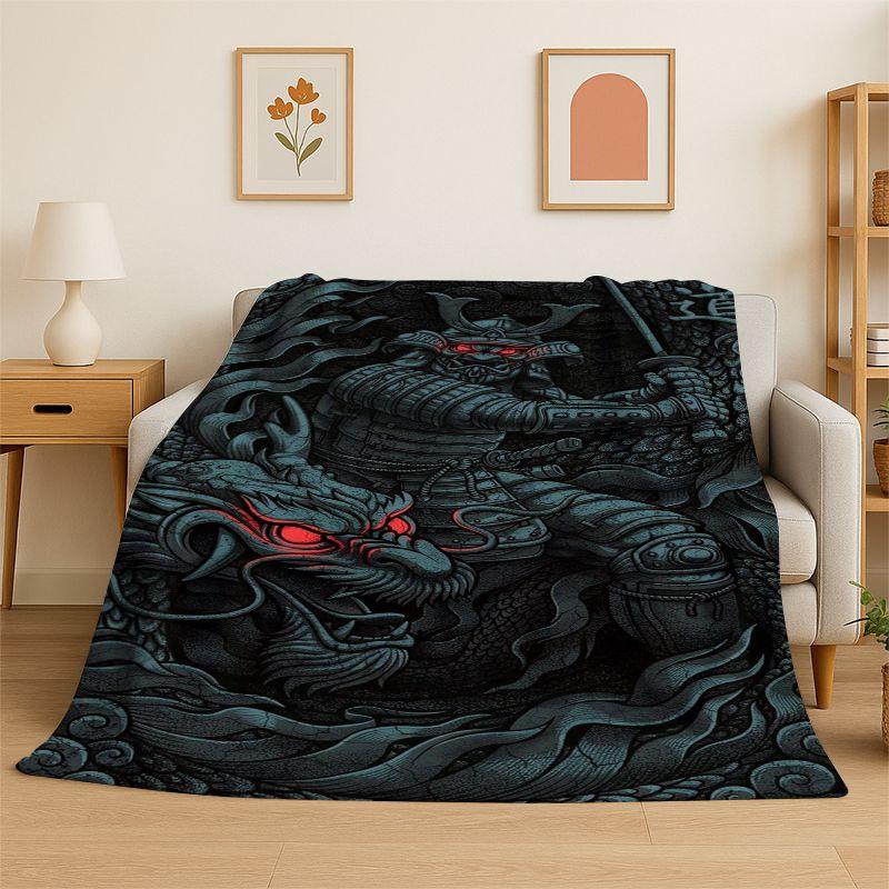 Japan Samurai Art Bushido Katana Cartoon Flannel Blanket Soft Throw Blanket for Bedroom Living Room Bed Travel Camping Nap Gift