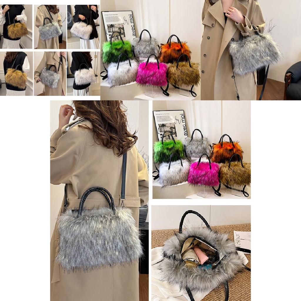 Borsa a Spalla da Donna Trendy in Peluche nei Raffinati Toni Rosa Grigio Kaki Arancio Verde per l'Inverno 2024