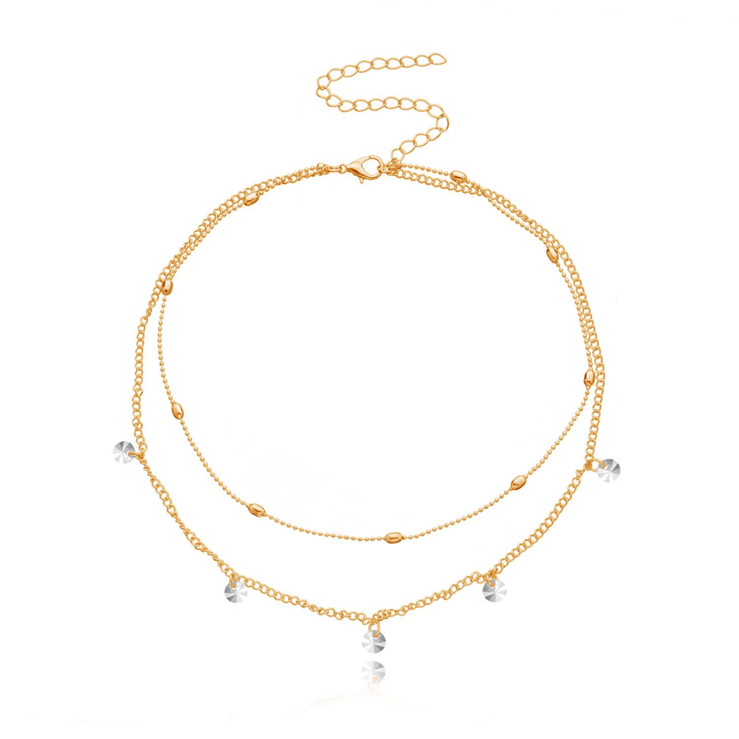 

European and American jewelry, simple acrylic rhinestone pendant necklace, fashionable double-layer round bead chain necklace золотой