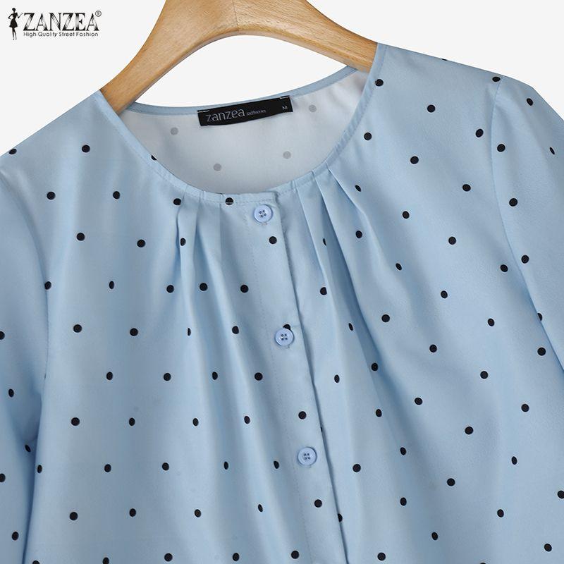 ZANZEA Women Casual Round Neck 3/4 Sleeve Loose Polka Dot Print Blouse