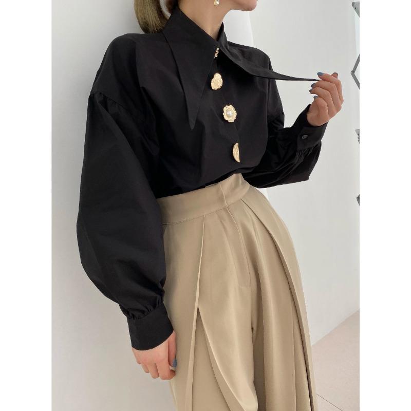 Chic Button Cotton White Shirt Women Spring Casual Office Lady Women Blosues Loose Lantern Long Sleeve Shirts Tops