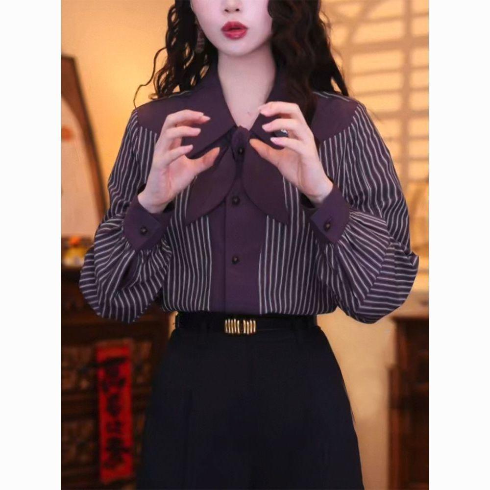 Hong Kong Retro Striped Women's Long-Sleeve Shirt - 2025 Autumn Lightweight High-End Stylish Casual Top