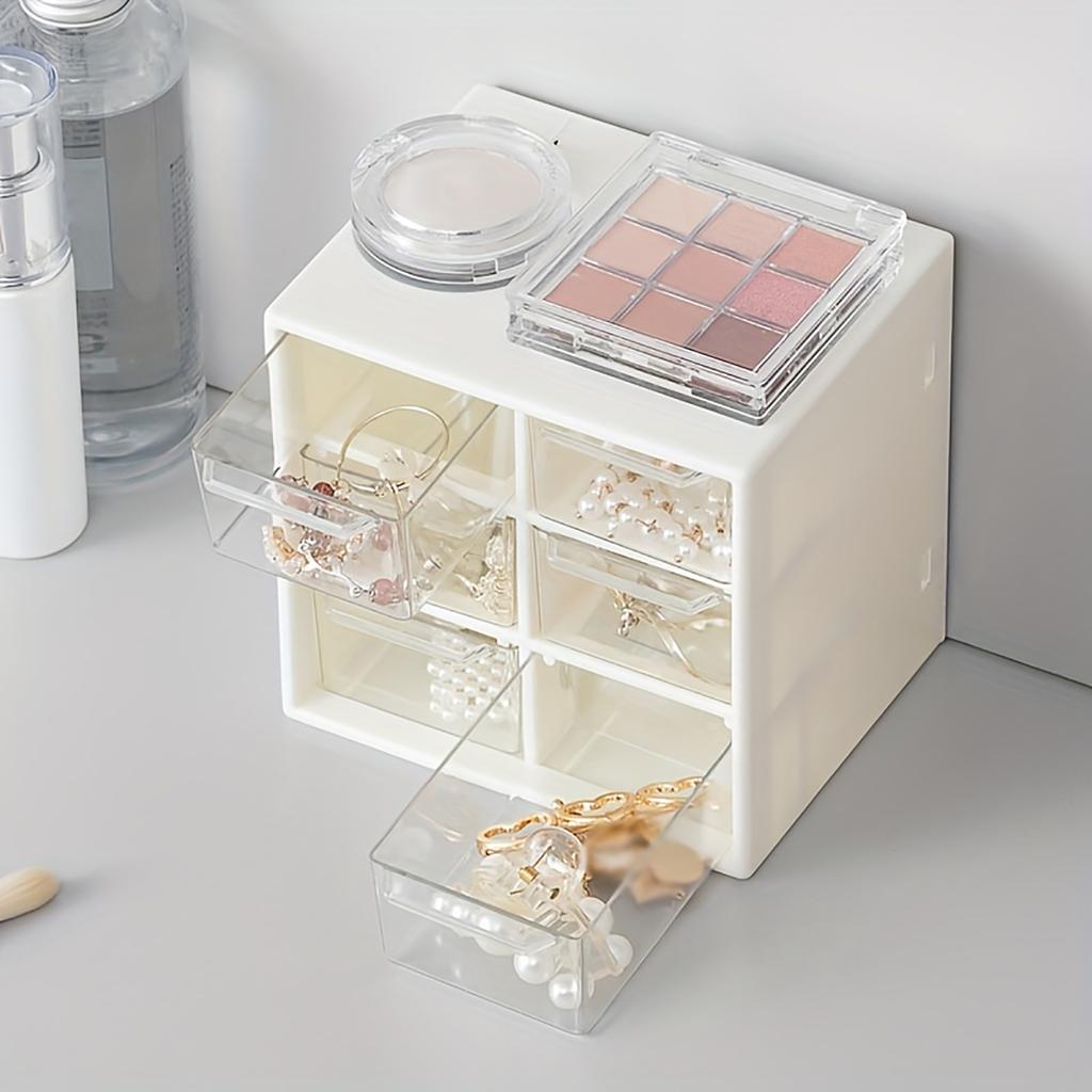 1pc 6-grid Cosmetic Storage Box, Plastic Drawer Type Transparent Desktop Cabinet Jewelry Stationary Storage Container Organizer