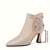 Chic Summer Mesh Ankle Boots for Women - Sexy Pointed Toe with Rhinestone Bowknot, Chunky Heel, Breathable Hollow-Out Design, Back Zipper Closure