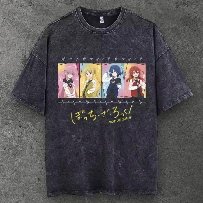Unisex Girls Anime Band Graphic T Shirt Washed Black Y2K Streetwear S-3XL S