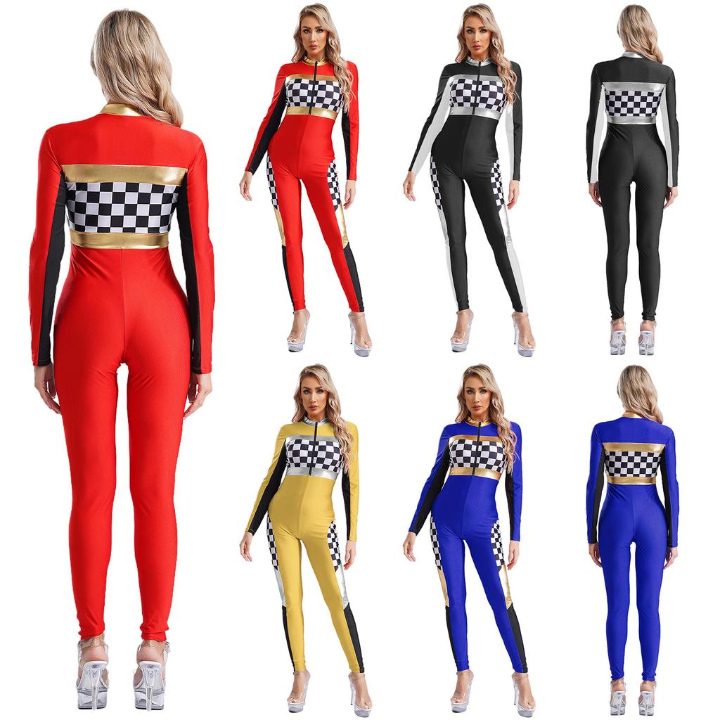 Womens Checkerboard Racing Jumpsuit Long Sleeve Plaid Romper Racer Driver Cosplay Costume