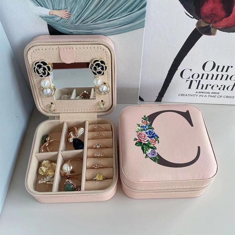 PU Leather Jewelry Box Mirror Storage Box 26 Letter Printed Portable Jewelry Organizer Earring Ring Necklace Case