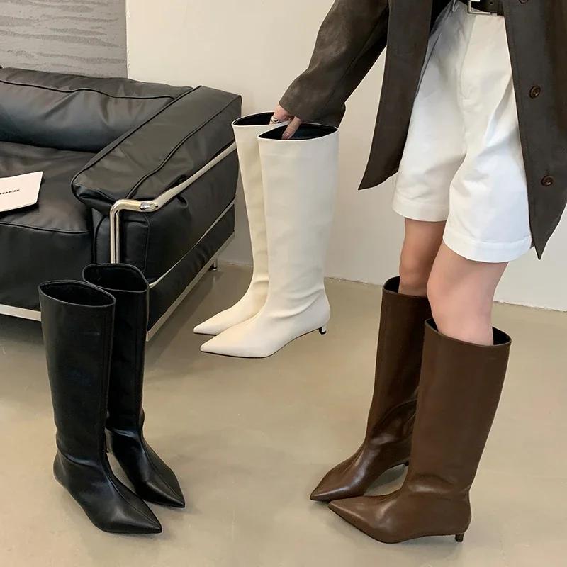 Street Style Women Knee-High Boots Fashion Pointed Toe Thin Low Heels Casual Party Shoes Autumn Winter Long Booties Goth